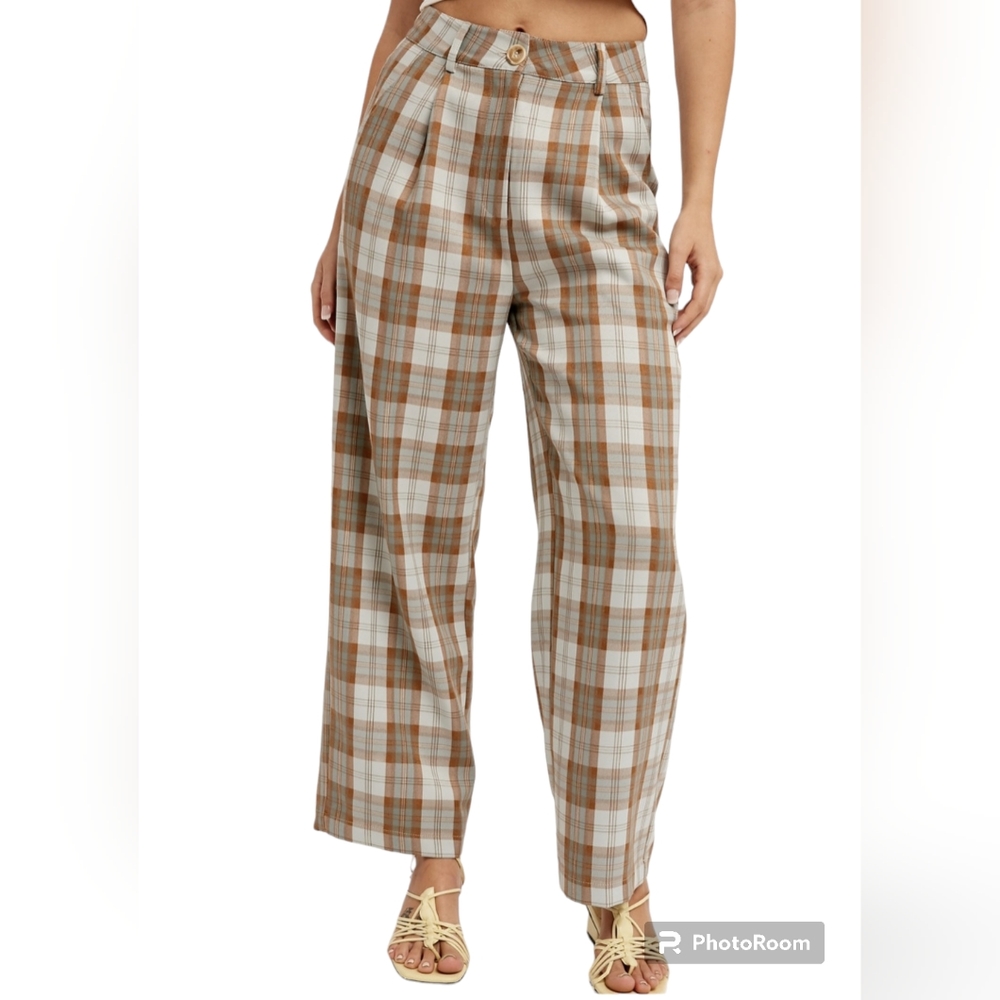NWT Listicle Size Small Sky Blue Brown Plaid Pleated Wide Leg Trouser Pants - Picture 4 of 16